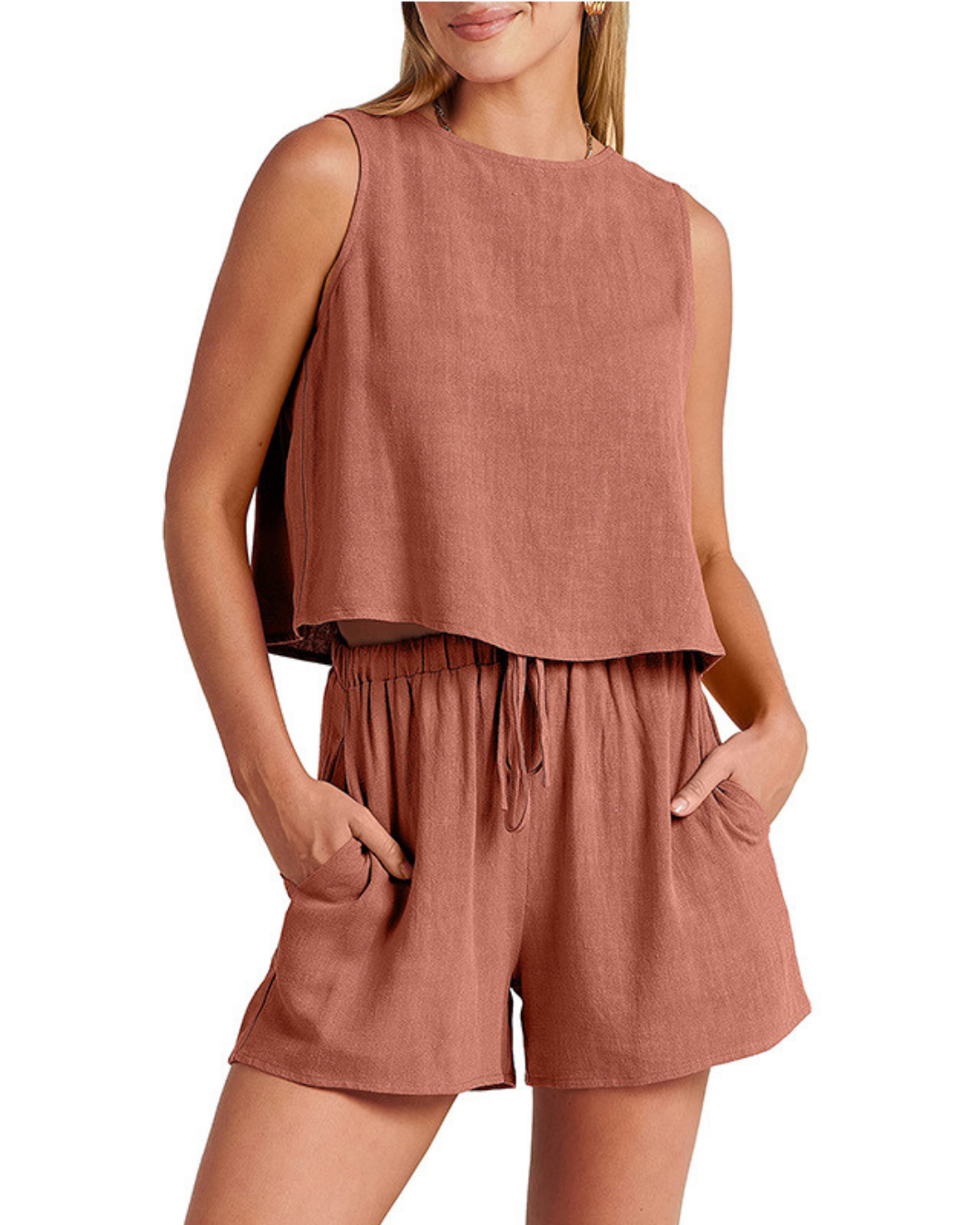 Sleeveless linen blend two-piece summer set