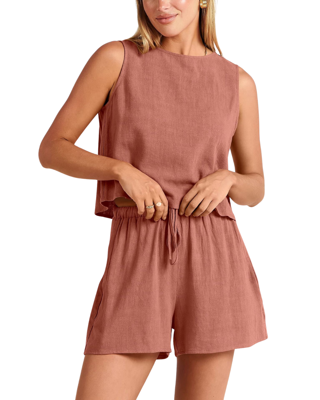 Sleeveless linen blend two-piece summer set
